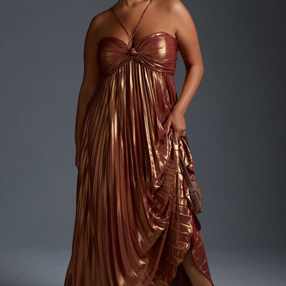 Plisse Halter Dress Anthropology/2XL/Dry Cleaned/Sold Out/Crimson/Metallic
